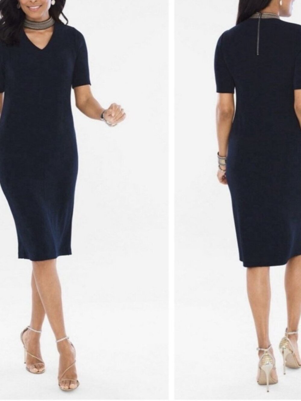Chico’s Travelers Neck-Band Choker Dress Womens 2/Large Navy Blue Midi Slinky - Picture 3 of 13